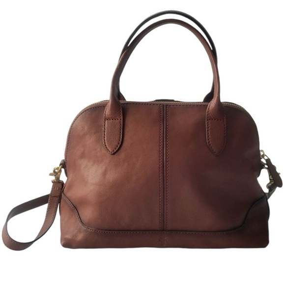 Frye Ring Dome Satchel Convertible Leather Crossbody Top Zipper Cognac Brown - Picture 11 of 13